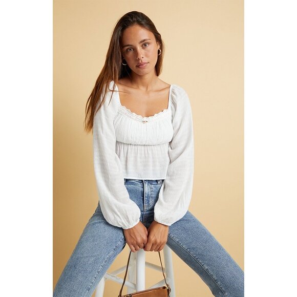 Beverly‎ and Beck Lily Long Puff Sleeve Smocked Babydoll Crop Top White Sz M - Picture 9 of 9